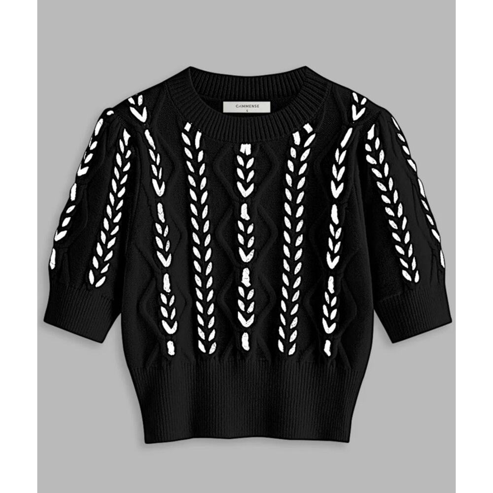 NWT Commense Black & White Puff Sleeve Contrast Binding Cable Knit Top Sz Small - Picture 3 of 10